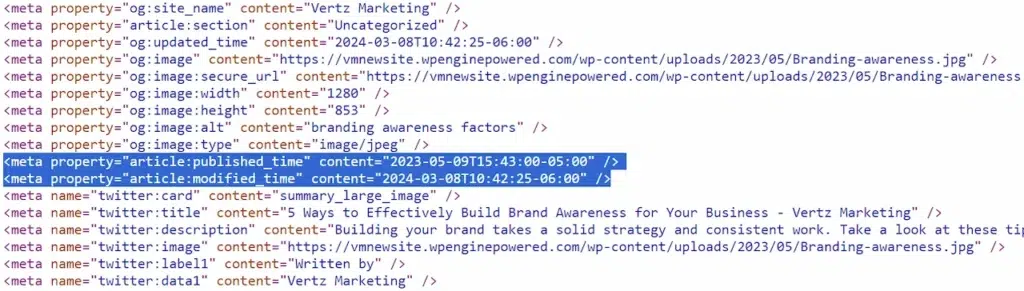 Example source code of a webpage showing meta properties "published_time" and "modified_time"